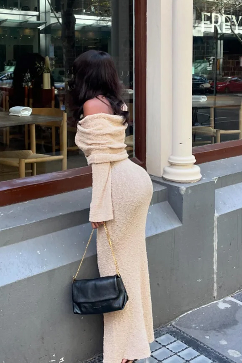 Ladies' Elegant Off Shoulder Knitted Mid Length Dress