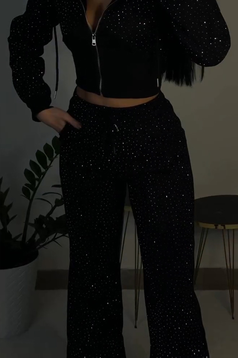 Women's Casual Rhinestone Hooded Jacket & Pants