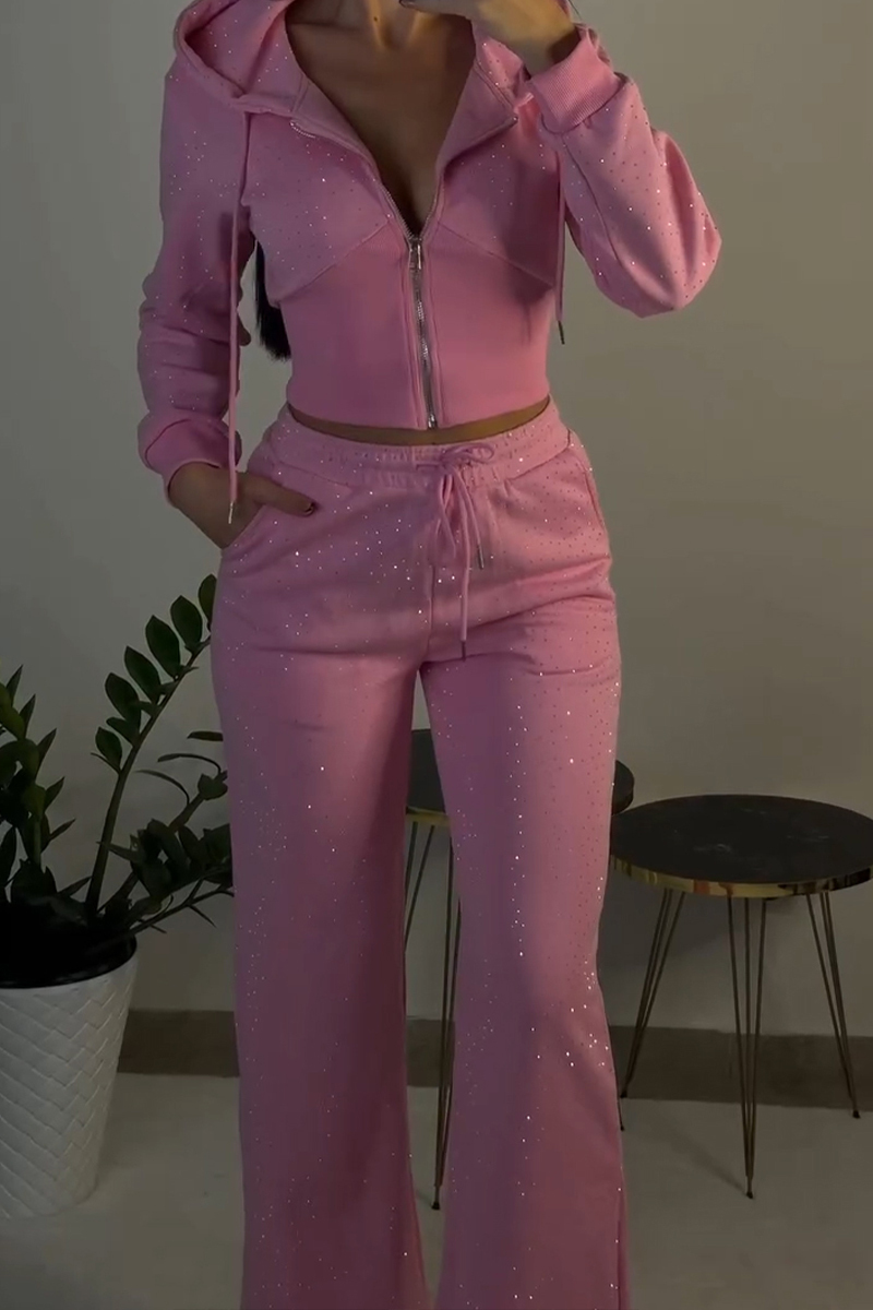 Women's Casual Rhinestone Hooded Jacket & Pants
