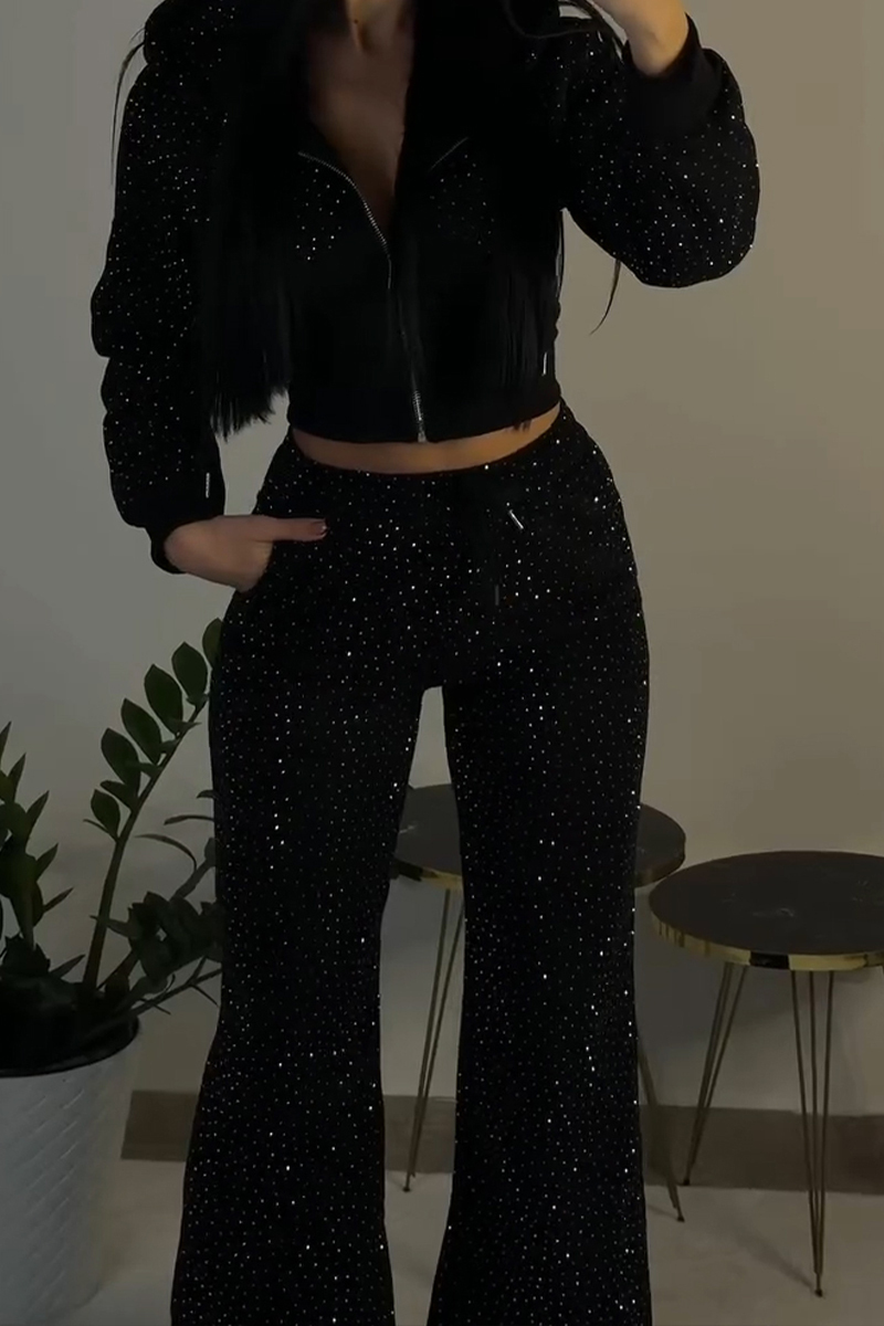 Women's Casual Rhinestone Hooded Jacket & Pants