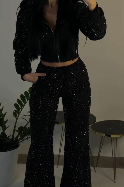 Women's Casual Rhinestone Hooded Jacket & Pants