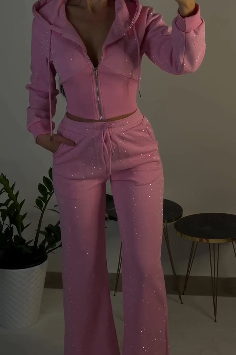 Women's Casual Rhinestone Hooded Jacket & Pants