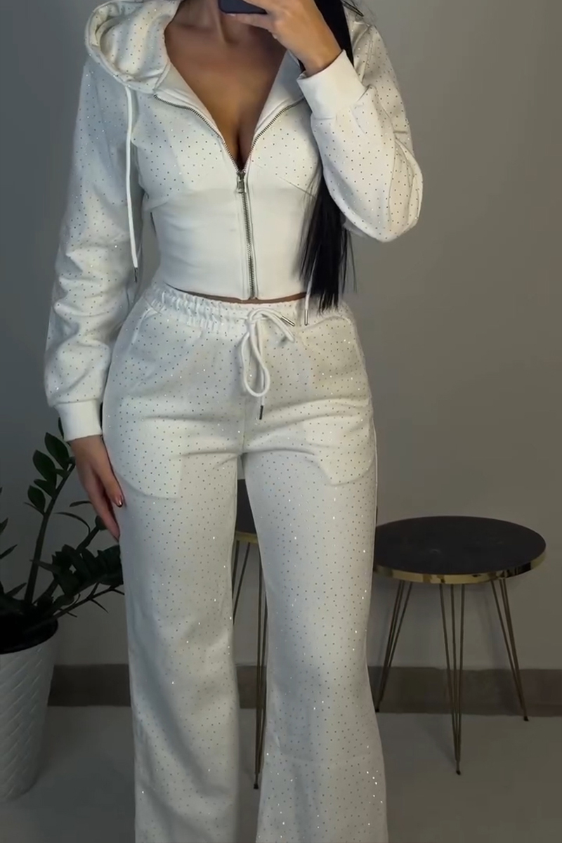 Women's Casual Rhinestone Hooded Jacket & Pants