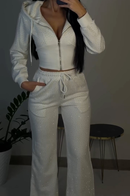 Women's Casual Rhinestone Hooded Jacket & Pants