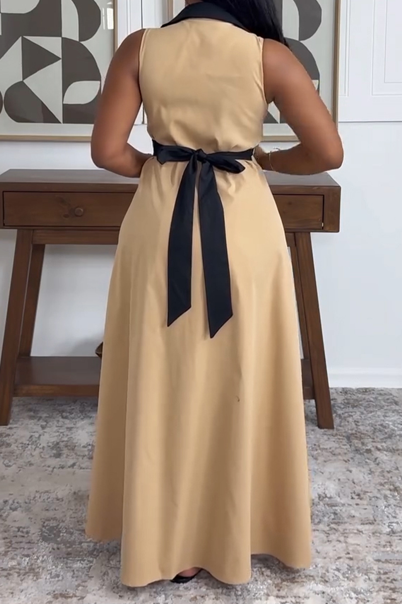 Women's Casual Color Block Turned Collar  Maxi Dress