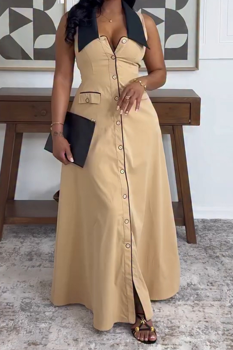 Women's Casual Color Block Turned Collar  Maxi Dress