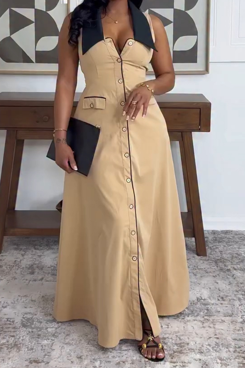 Women's Casual Color Block Turned Collar Maxi Dress