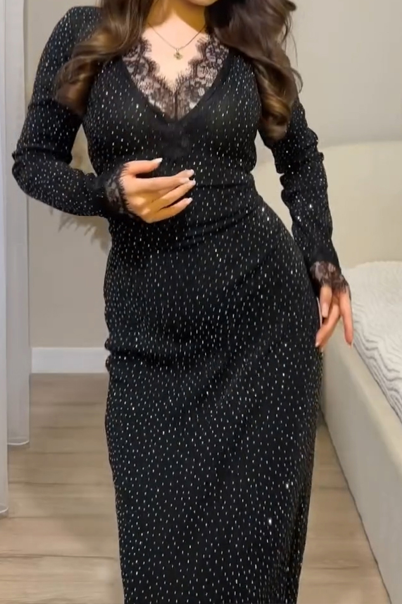 Women's Elegant Rhinestone Lace-like Patchwork Maxi Dress