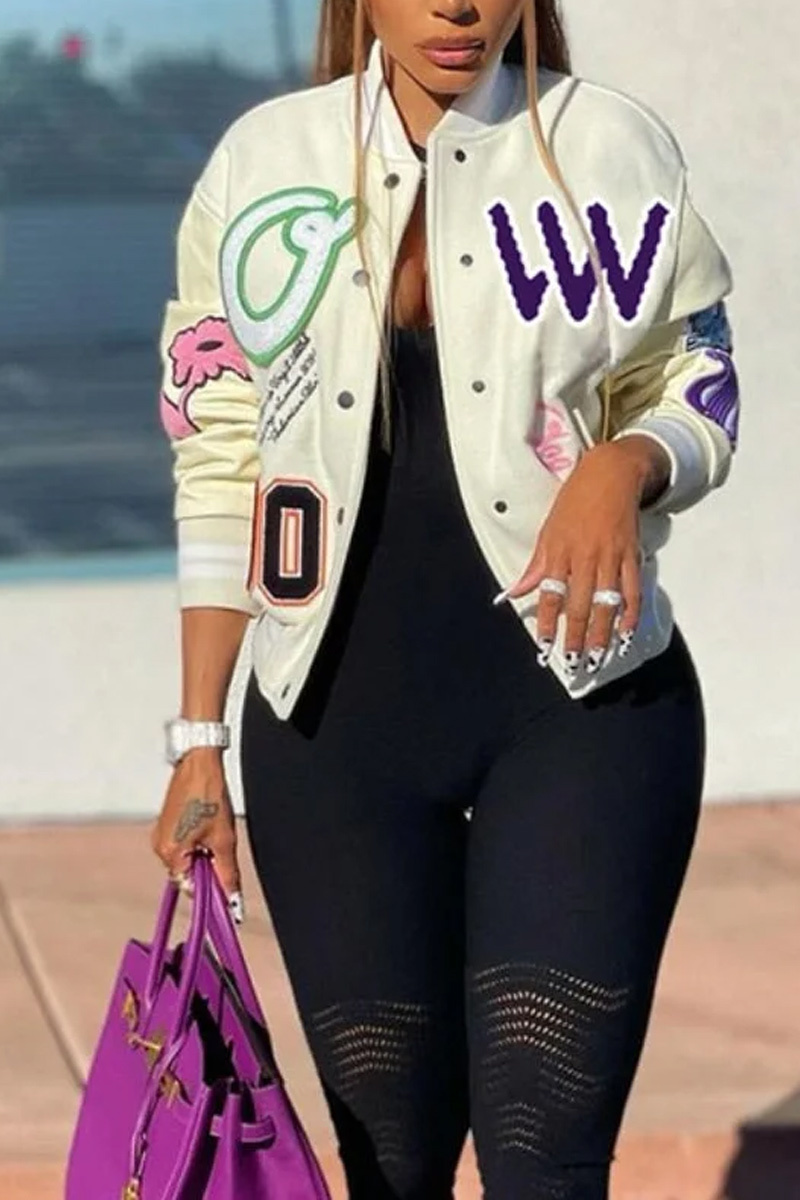 Women's Printed Double Line Baseball Jacket, Casual Loose White Button Women's Coat, Contrasting Colors