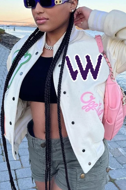 Women's  Printed Double Line Baseball Jacket, Casual Loose White Button Women's Coat, Contrasting Colors