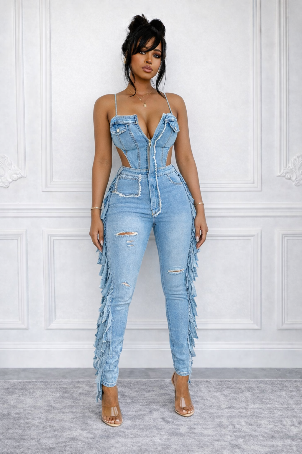 Womens Strappy Patchwork Sexy Casual Denim Jumpsuit