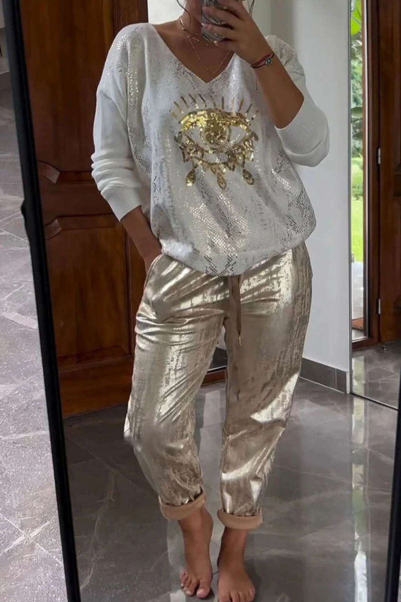 Ladies' Casual Evil Eyed Gold Foil Top And Shiny Pants