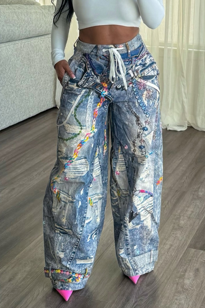 Fashion Street Chain Print Wide Leg Jeans