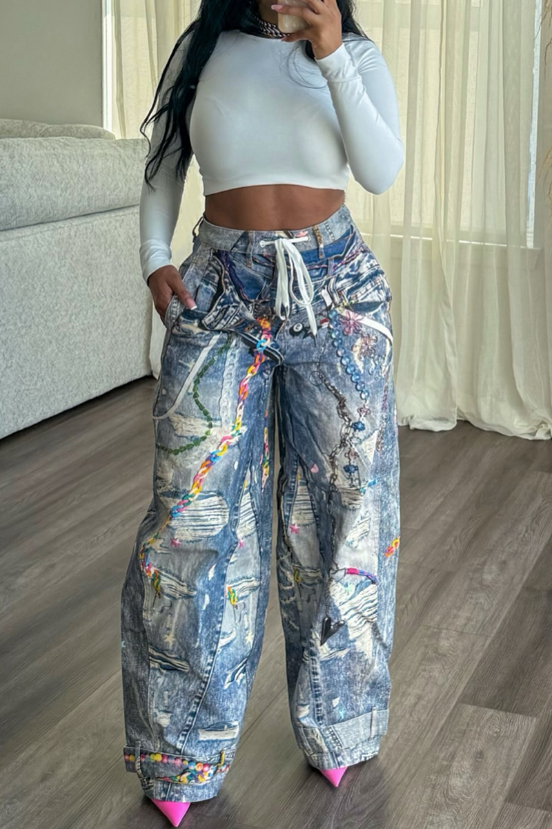 Fashion Street Chain Print Wide Leg Jeans