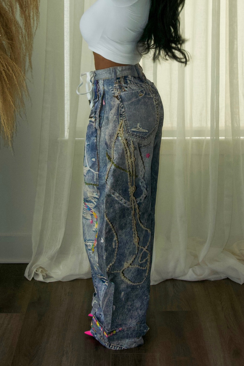 Fashion Street Chain Print Wide Leg Jeans