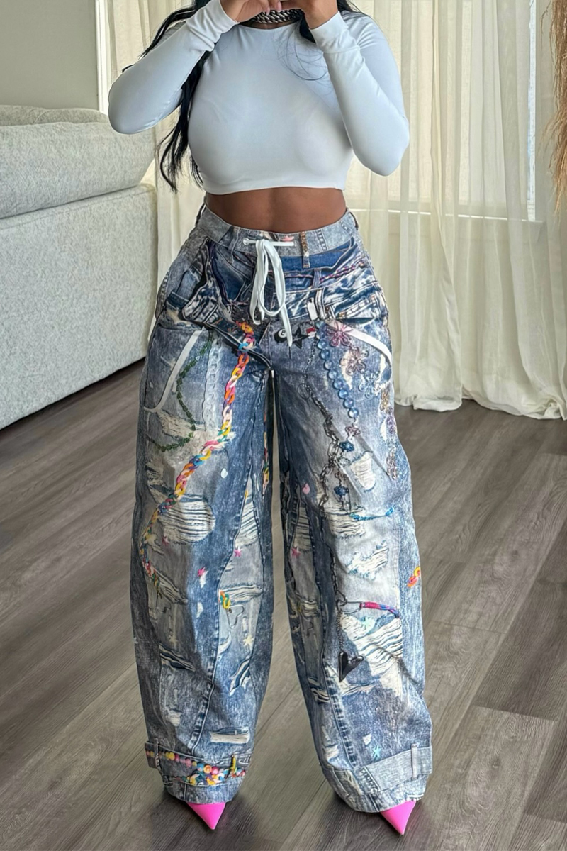 Fashion Street Chain Print Wide Leg Jeans