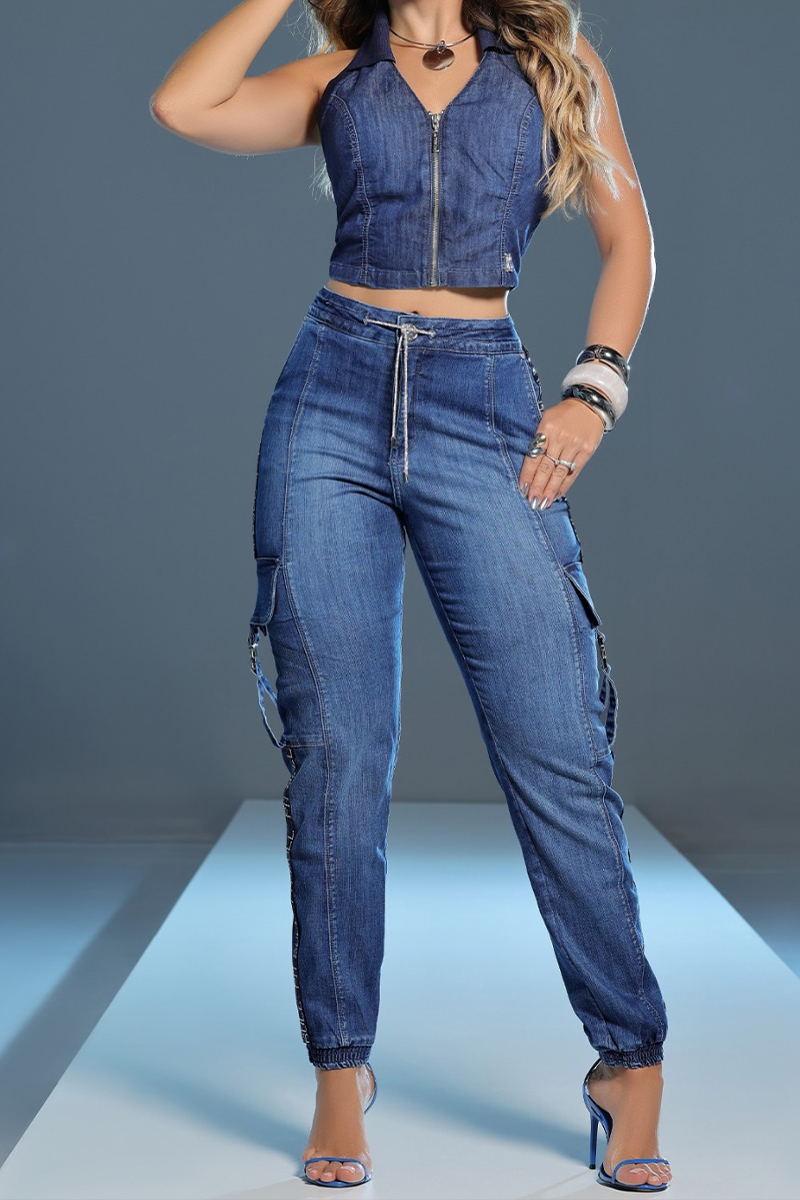 Women's Casual Halter Denim Vest & Cargo Jeans