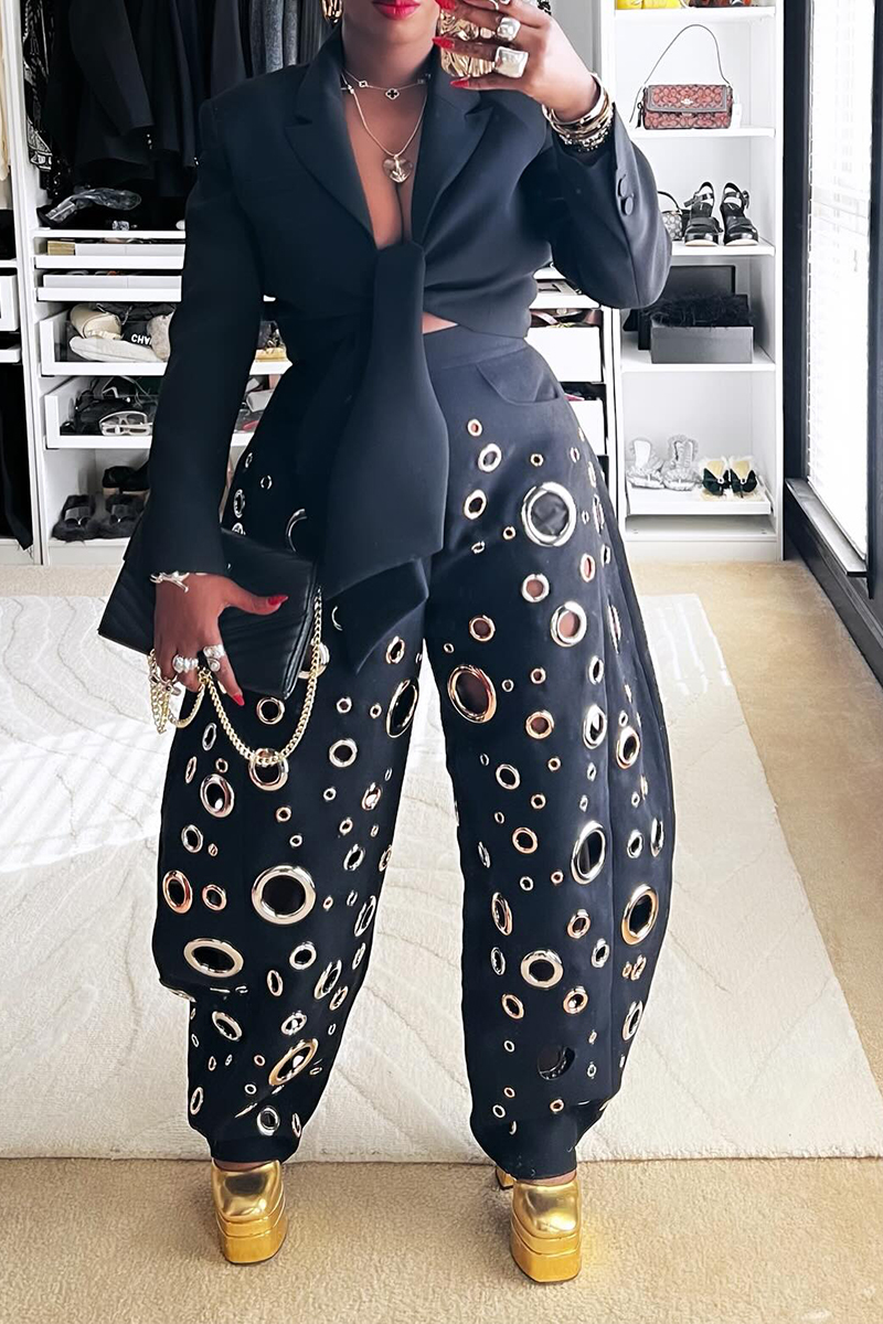 Women's Casual Metal-Eyelet Cutout Barrel Pants & Cropped Jacket