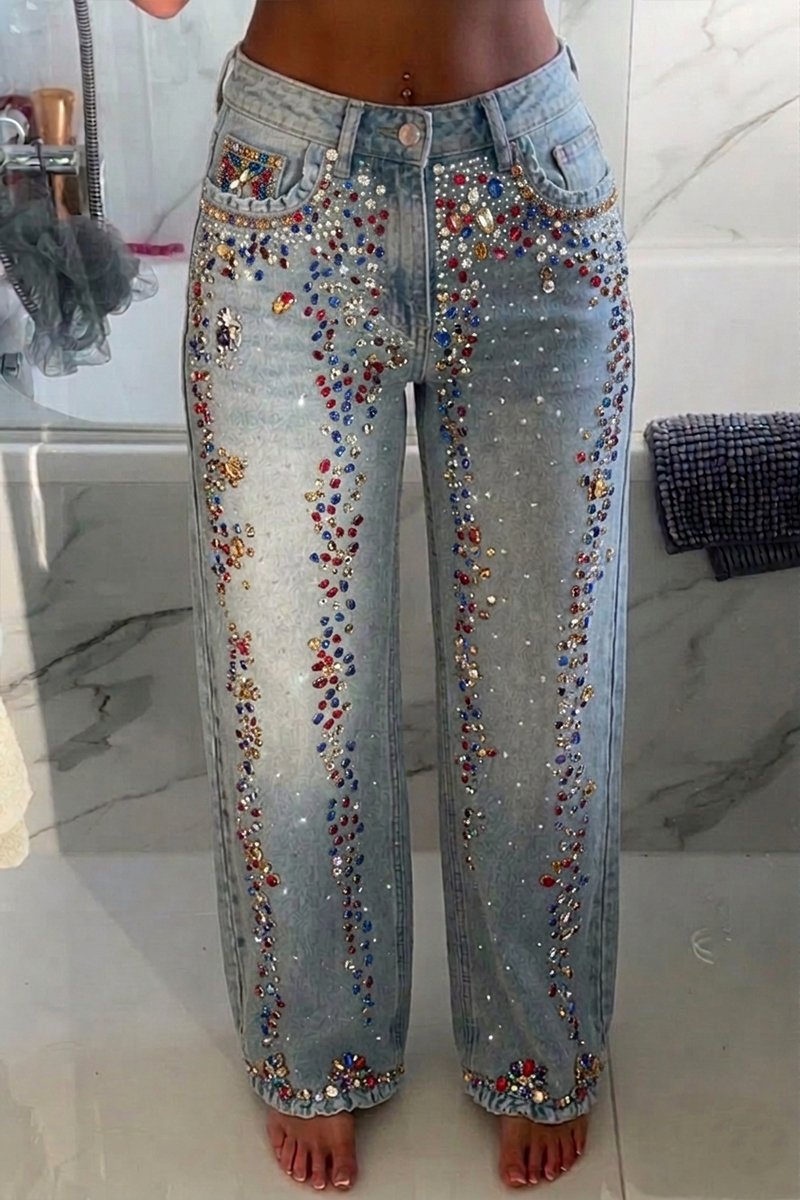 Women's Fashion Sparkling Rhinestone Washed Wide Leg Jeans