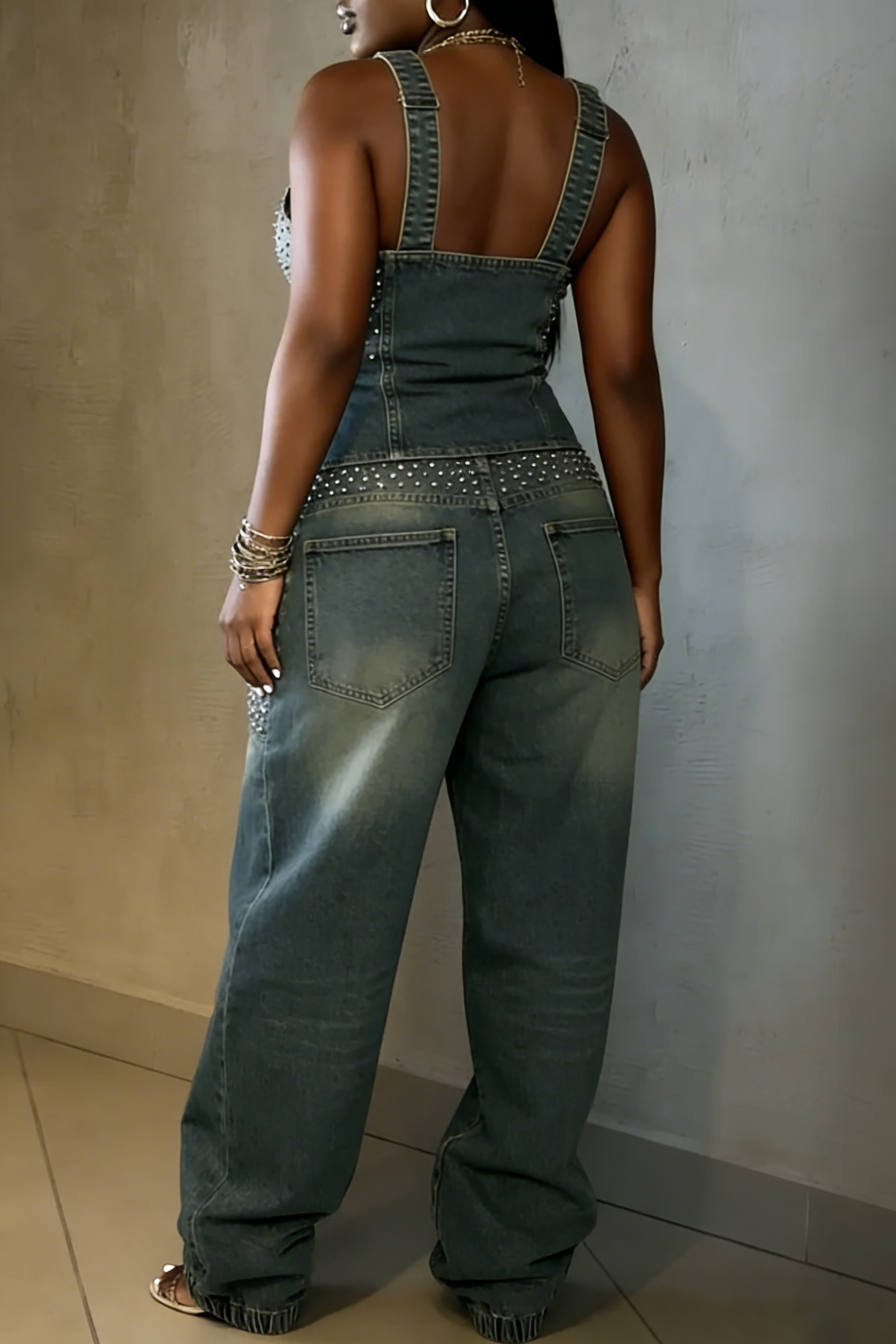 Women's Sexy Shiny Diamond Vest & Loose Jeans