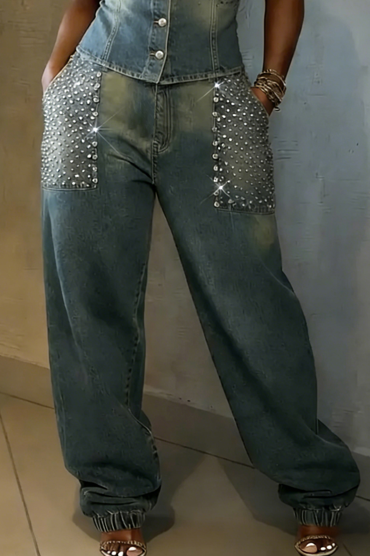 Women's Sexy Shiny Diamond Vest & Loose Jeans