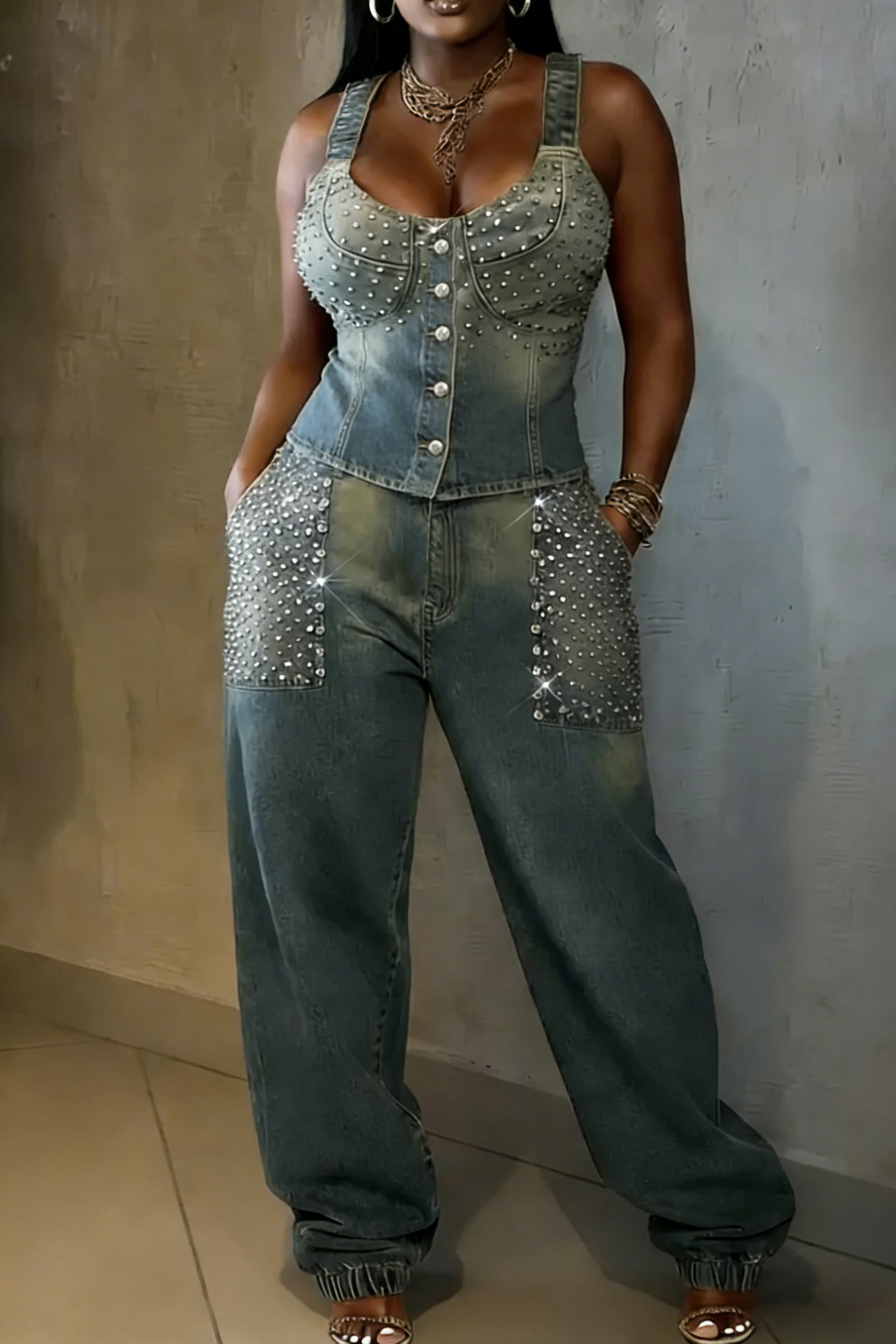 Women's Sexy Shiny Diamond Vest & Loose Jeans