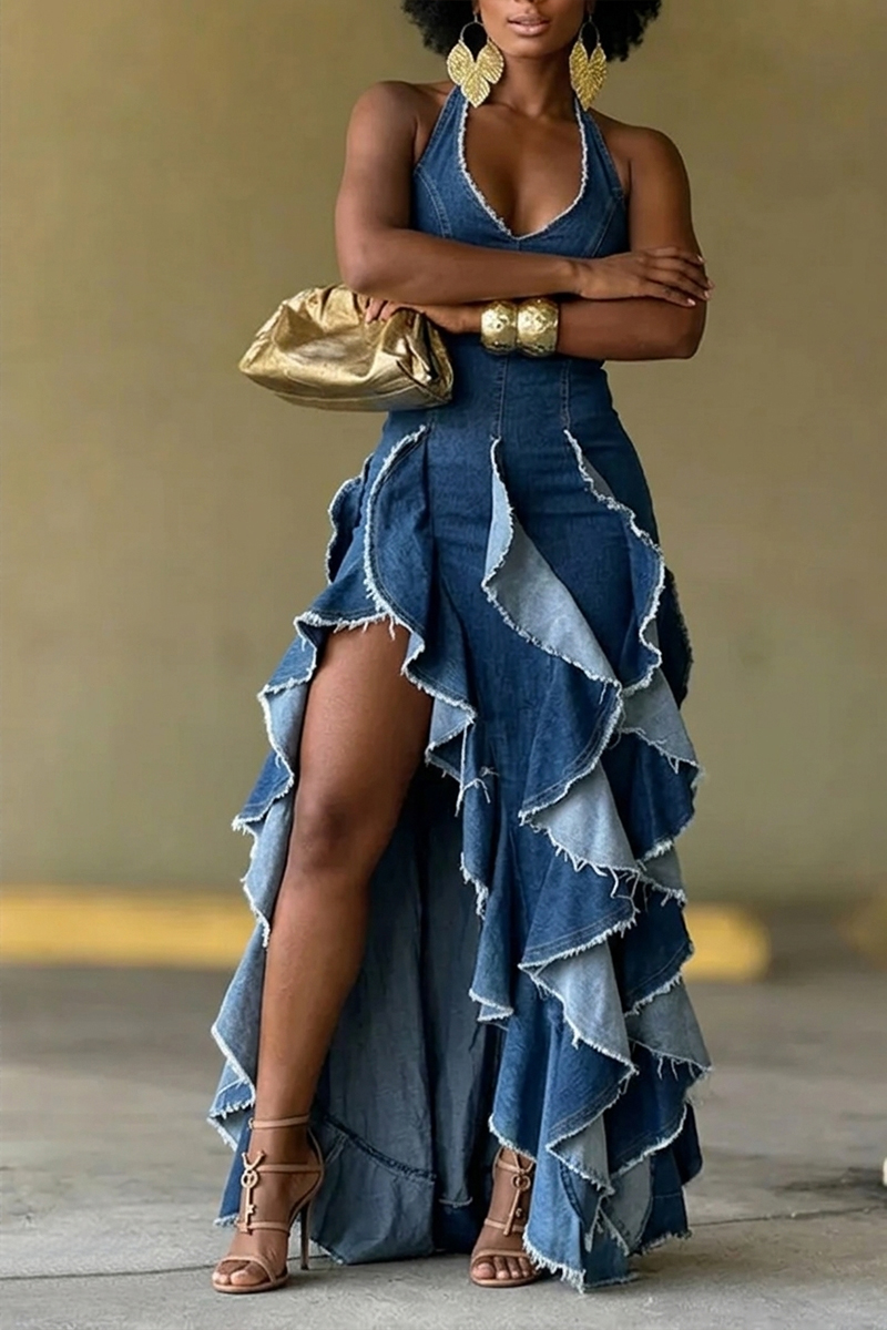 Ladies' Elegant Backless Deep V-Neck Long Denim Dress