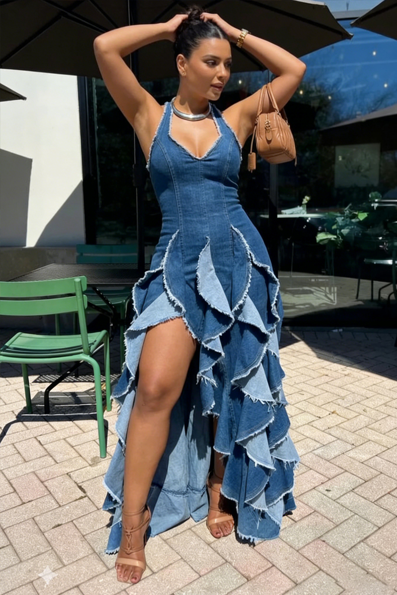 Ladies' Elegant Backless Deep V-Neck Long Denim Dress