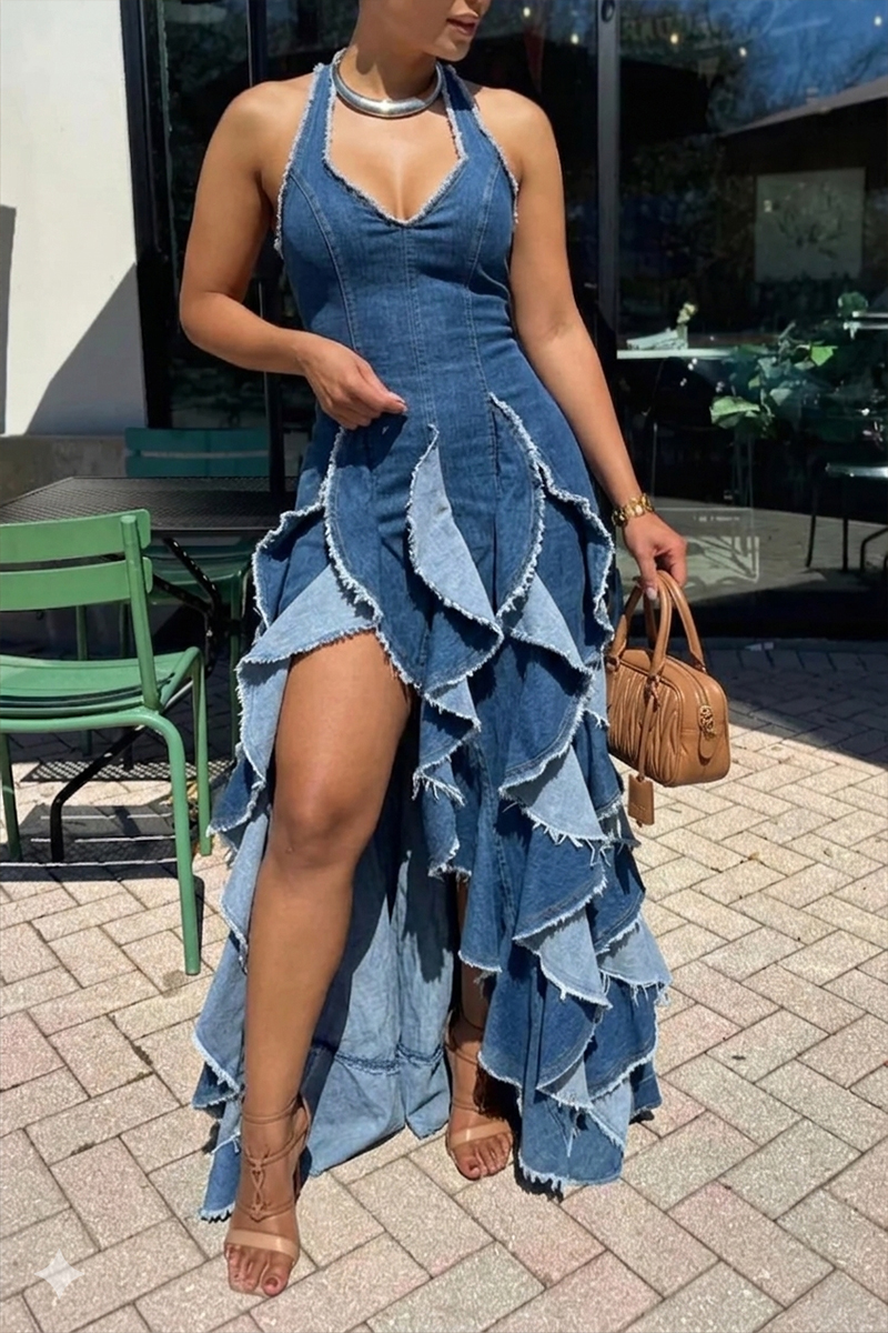 Ladies' Elegant Backless Deep V-Neck Long Denim Dress