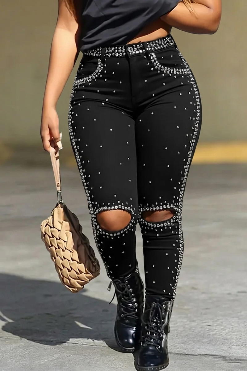 Women's Casual Rhinestone Ripped Skinny Jeans