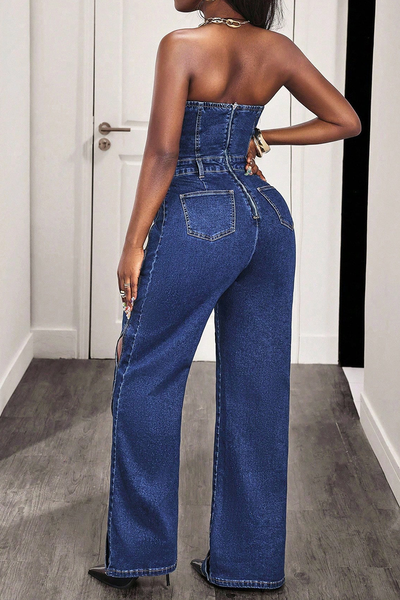Women's Casual Cutout Strapless Wide Leg Denim Jumpsuit