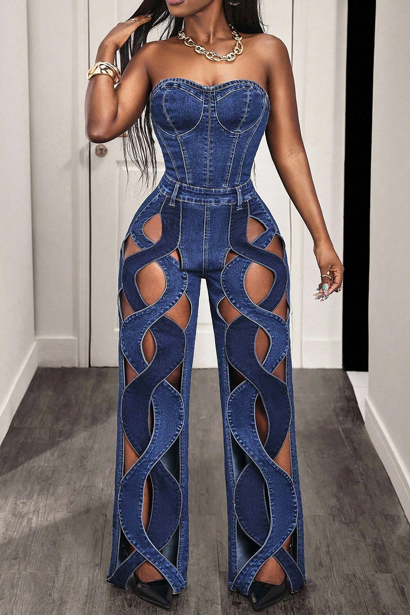 Women's Casual Cutout Strapless Wide Leg Denim Jumpsuit