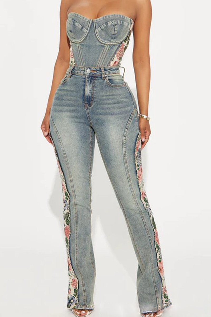 Women's Casual Embroidered Denim Strapless Top＆Casual Wide Leg Jeans