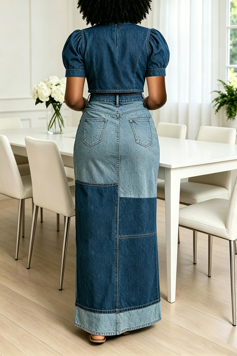 Women's Fashion Denim Top & Patchwork Design Skirt