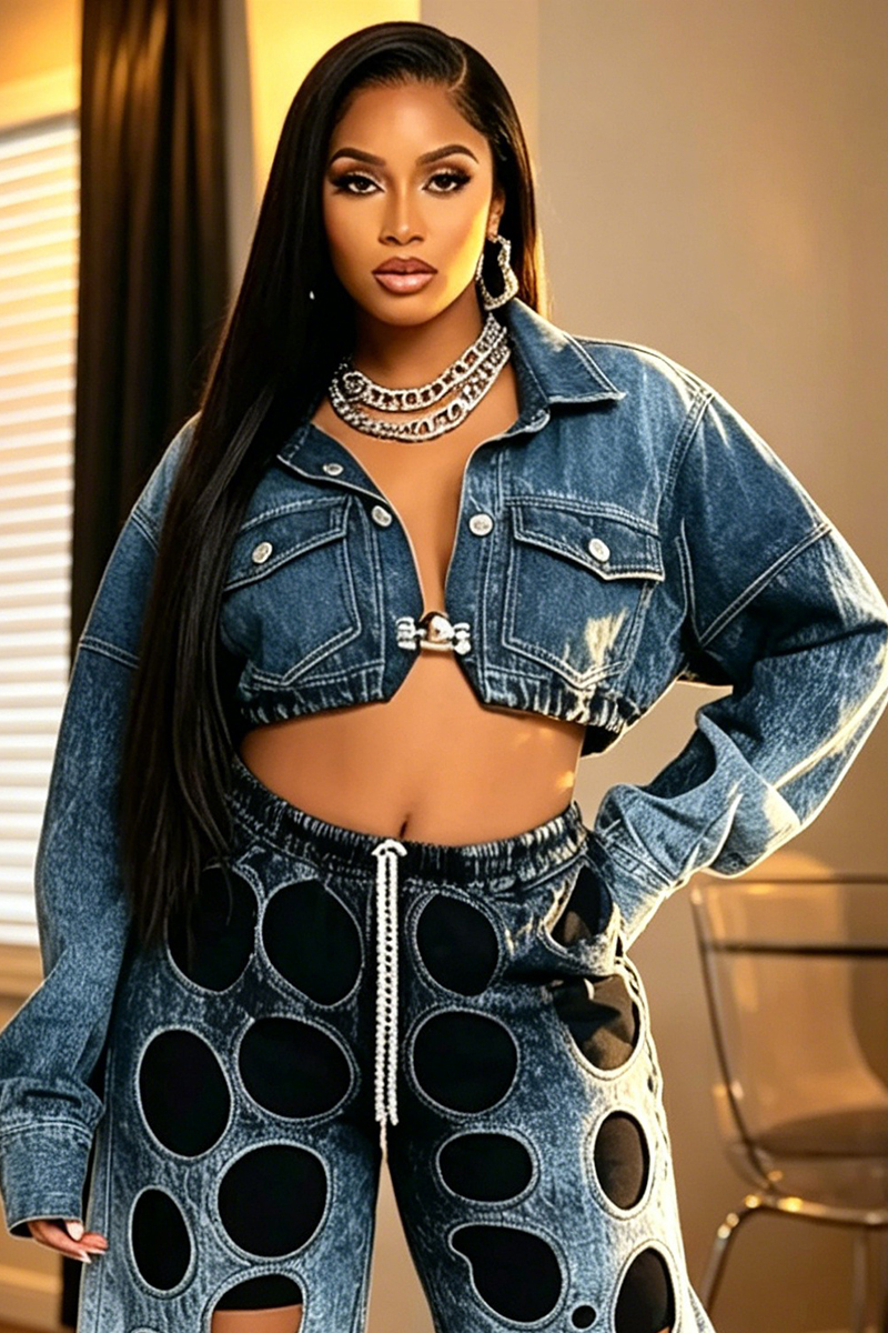 Women's Fashion Gradient Cropped Denim Jacket & Cutout Jeans