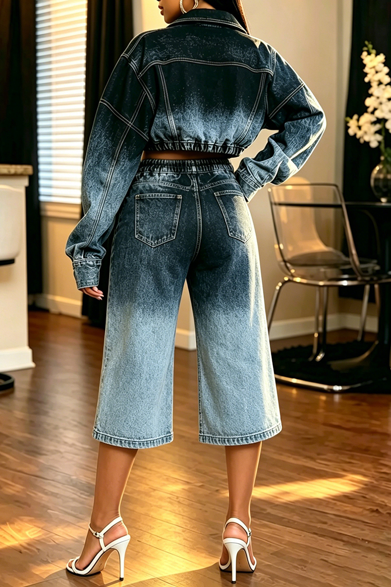 Women's Fashion Gradient Cropped Denim Jacket & Cutout Jeans