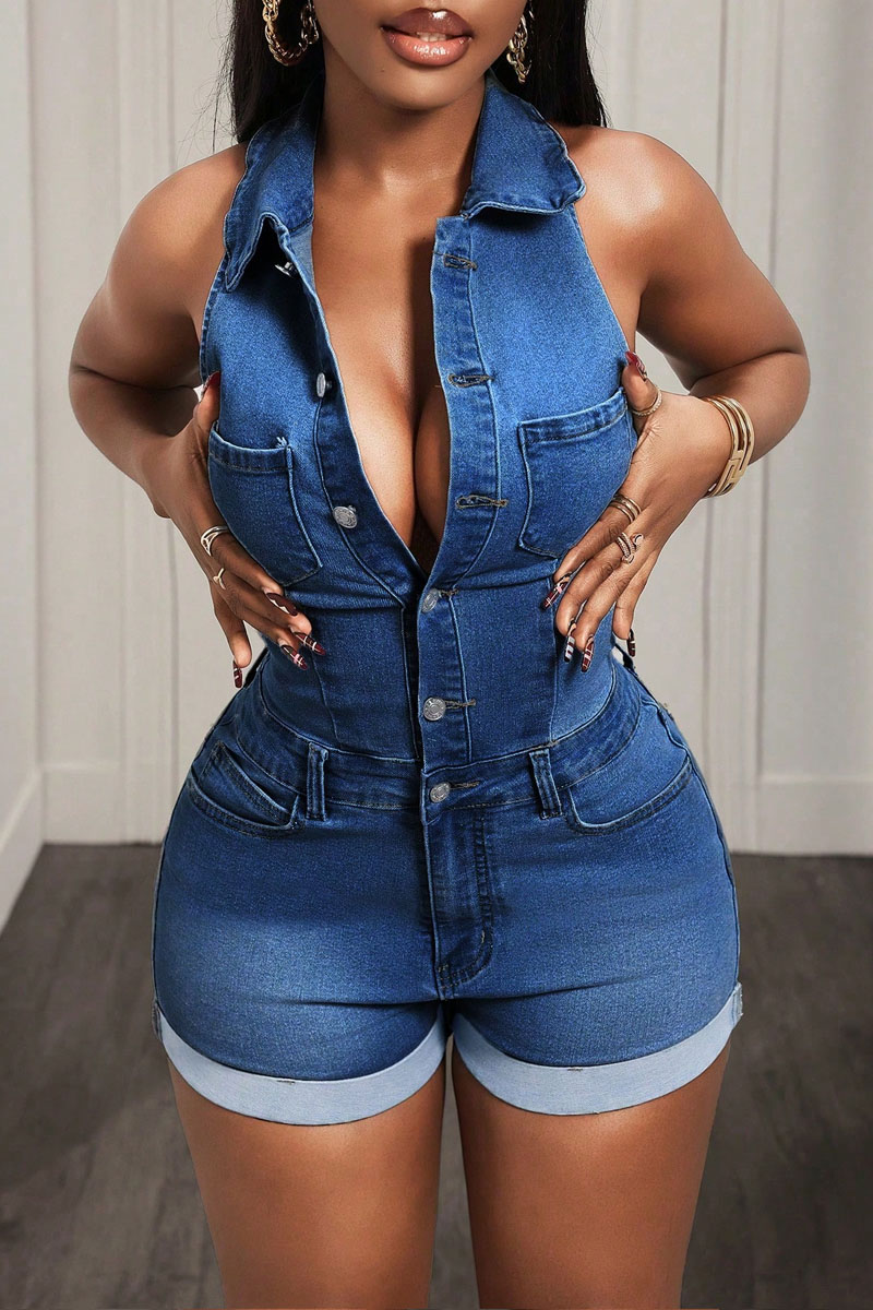 Women's Sleeveless Deep V Denim Jumpsuit Shorts