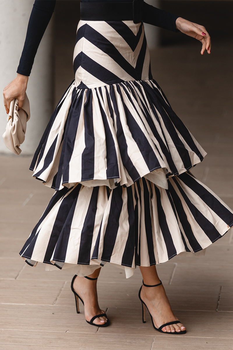 Women's Elegant Black and White Striped Maxi Skirt
