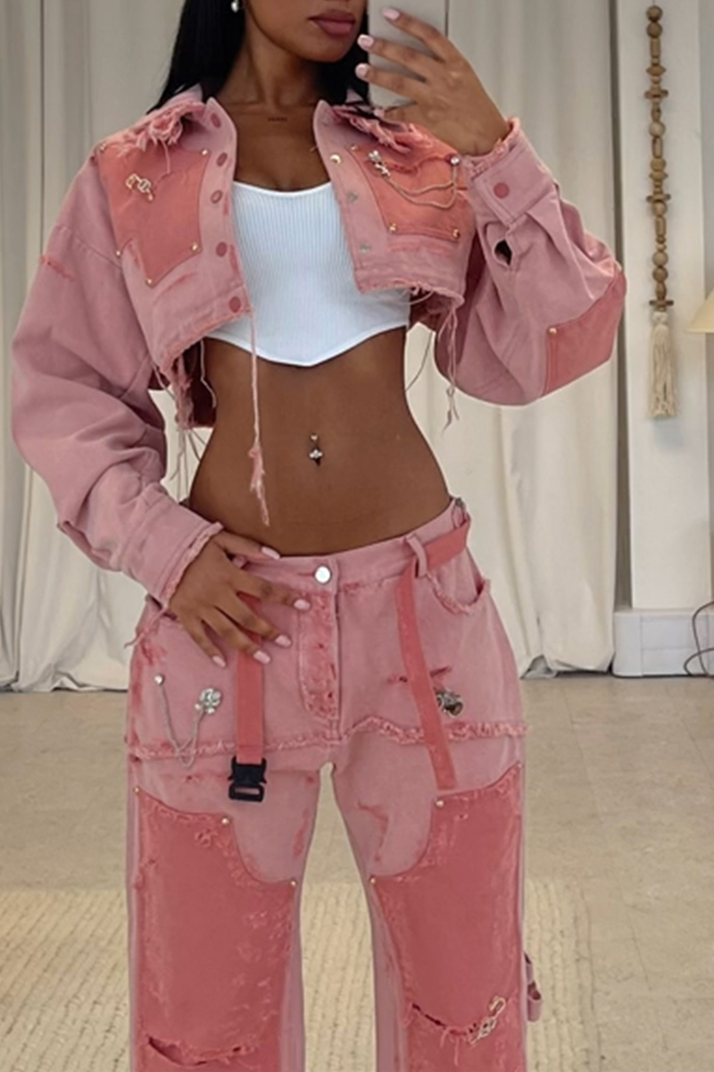 Women's Fashion Color Block Wash Short Denim Jacket Jeans T-Shirt Three-Piece Set