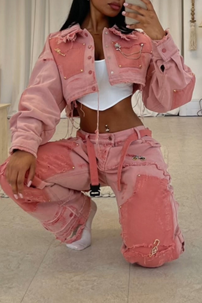 Women's Fashion Color Block Wash Short Denim Jacket Jeans T-Shirt Three-Piece Set