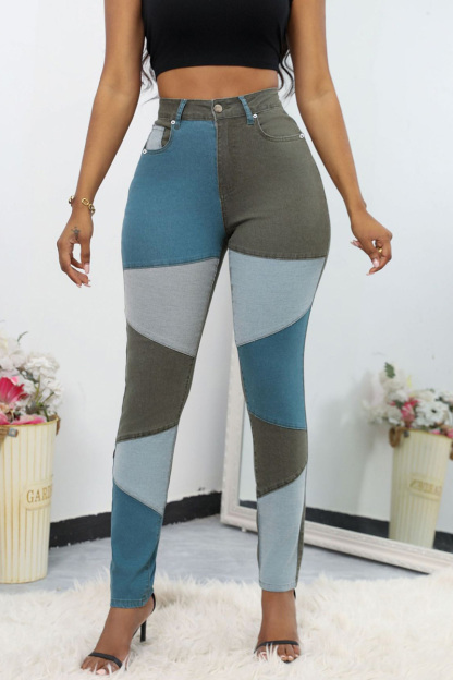 Fashion Color Block Stretch High Rise Jeans