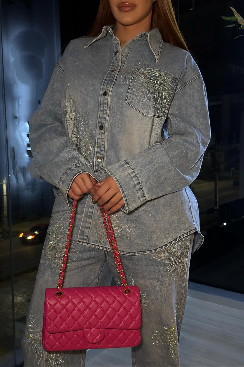 Women's Collared Denim Casual Fashion Suit with Feathers and Rhinestones