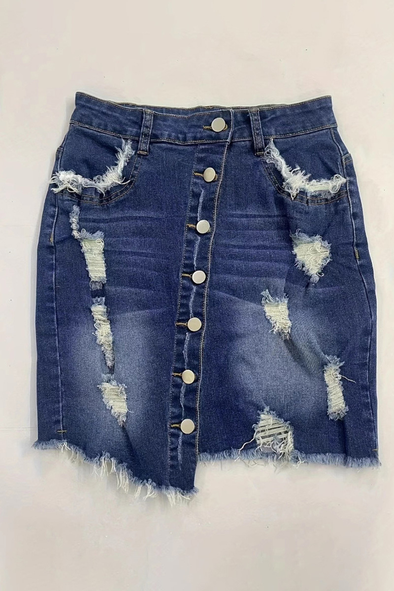Sexy Button Front Raw Trim Denim Skirts