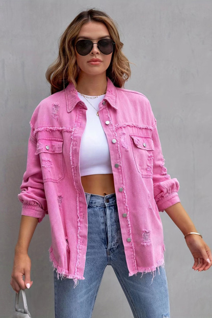 Casual Ripped Raw Trim Denim Coat