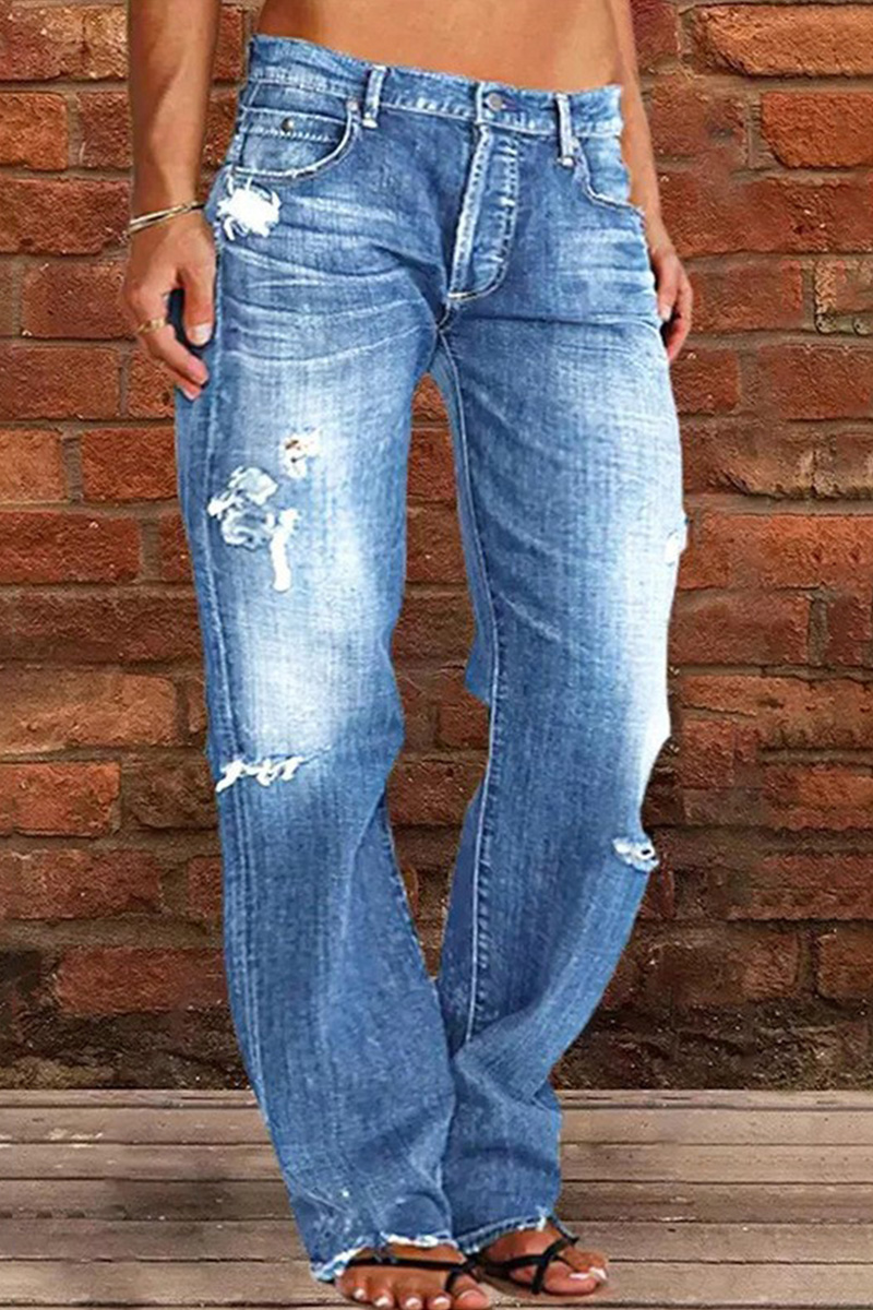Casual High Rise Raw Trim Hem Ripped Jeans