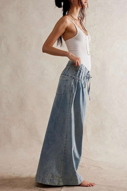 Casual Pleated Mid Rise Drawstring Relaxed Wide Leg Jeans