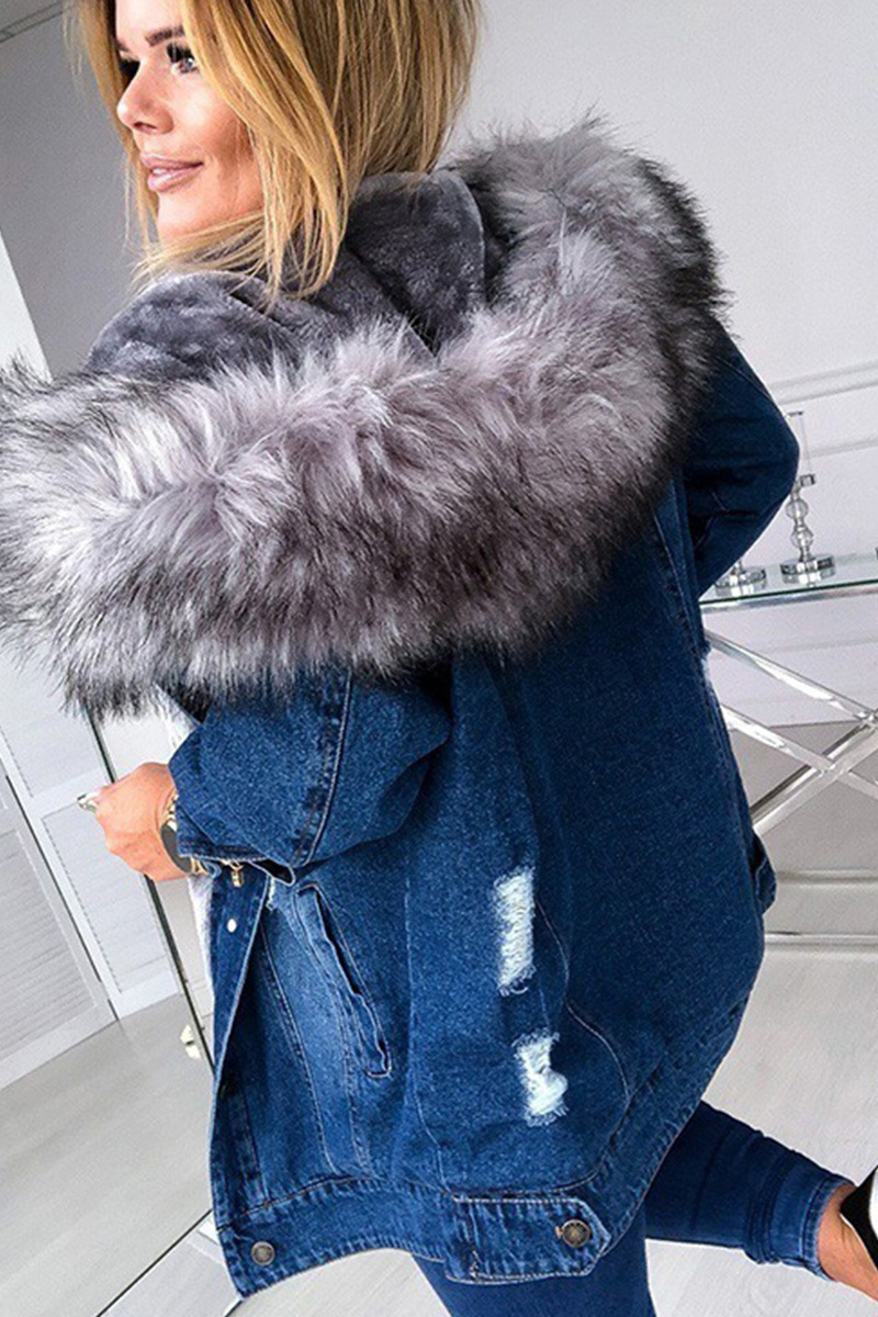 Vintage Big Fur Collar Distressed Ripped Denim Coat