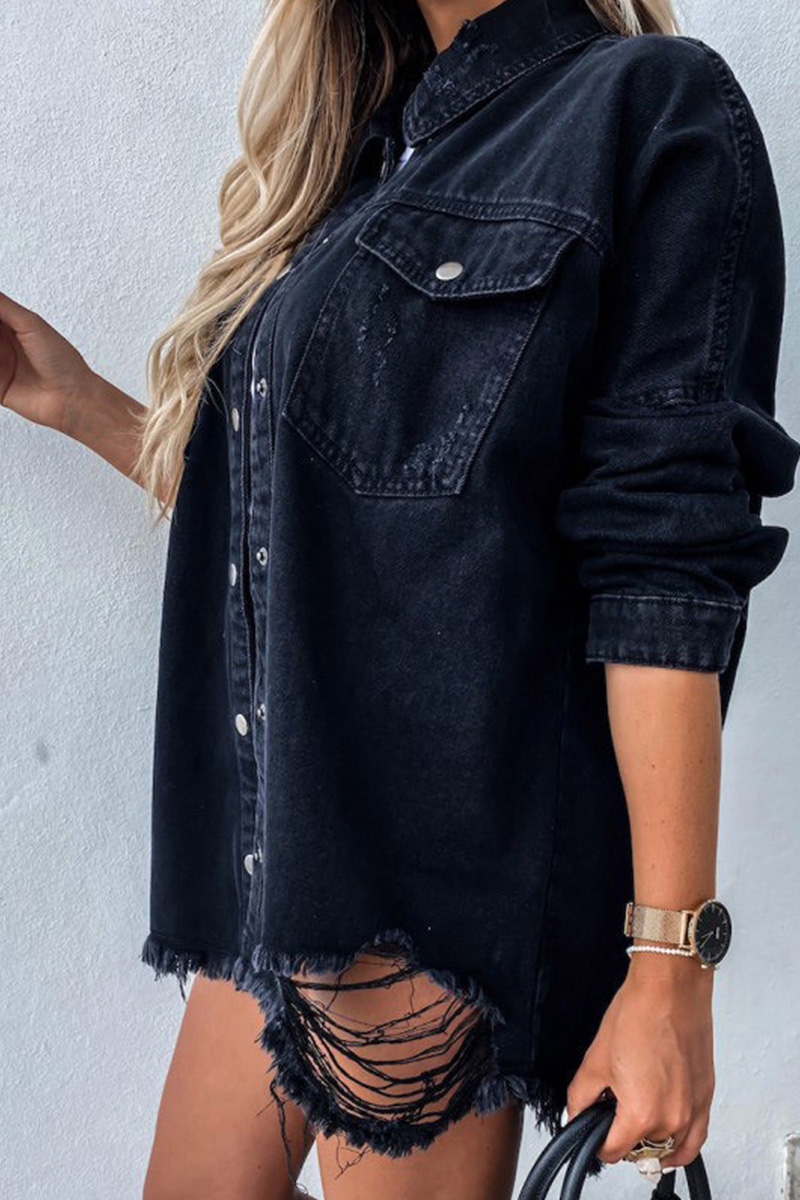 Casual Bleach Wash Ripped Raw Trim Denim Top