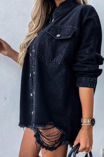 Casual Bleach Wash Ripped Raw Trim Denim Top