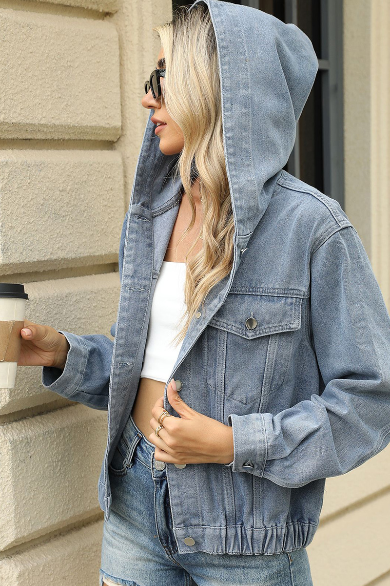 Casual Washed Hooded Elastic Hem Denim Jacket